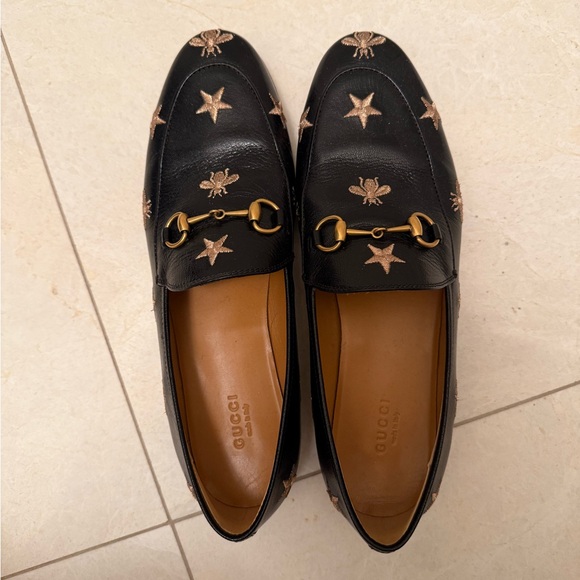 Gucci Shoes - Gucci Black Leather Horsebit Loafers with Gold Embroidered Stars & Bees